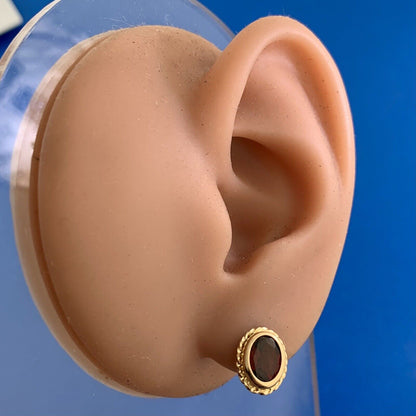 Designer 10K Yellow Gold Oval Garnet Stud Earrings