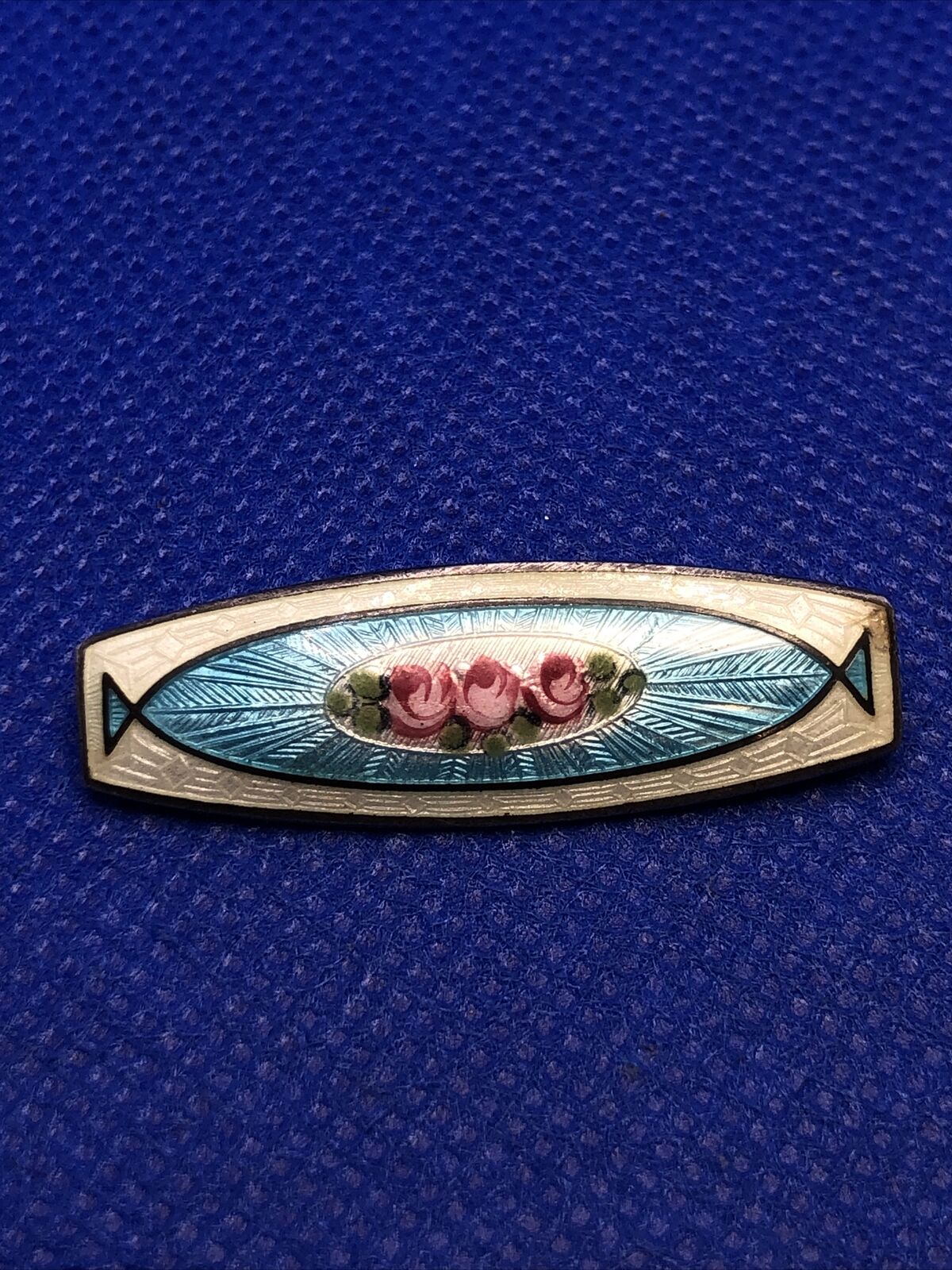 Art Deco 925 Sterling Silver Floral Guilloche Multi Colored Enamel Floral Brooch