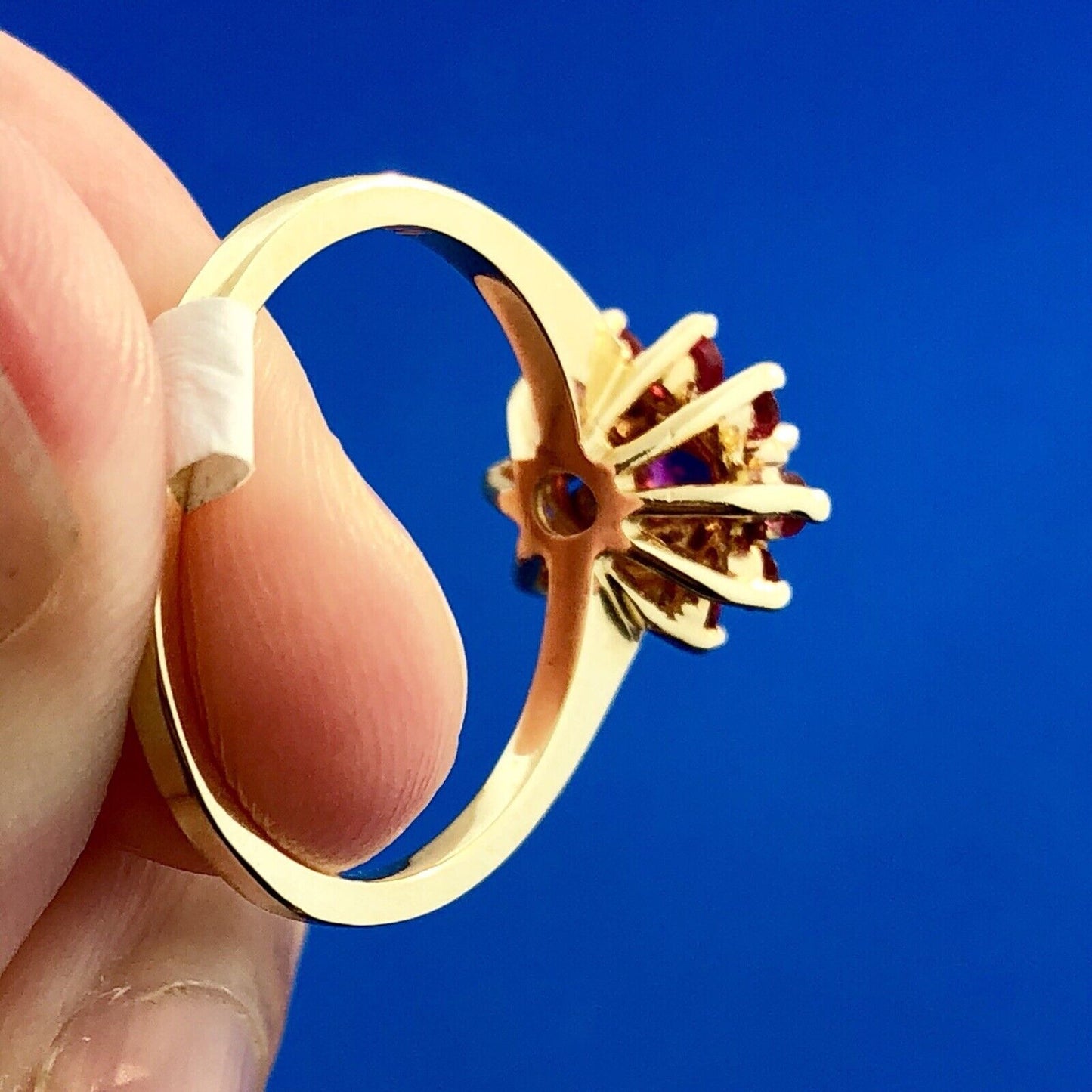 Designer 14K Yellow Gold Ruby Diamond 3 Tier Cluster Engagement Cocktail Ring