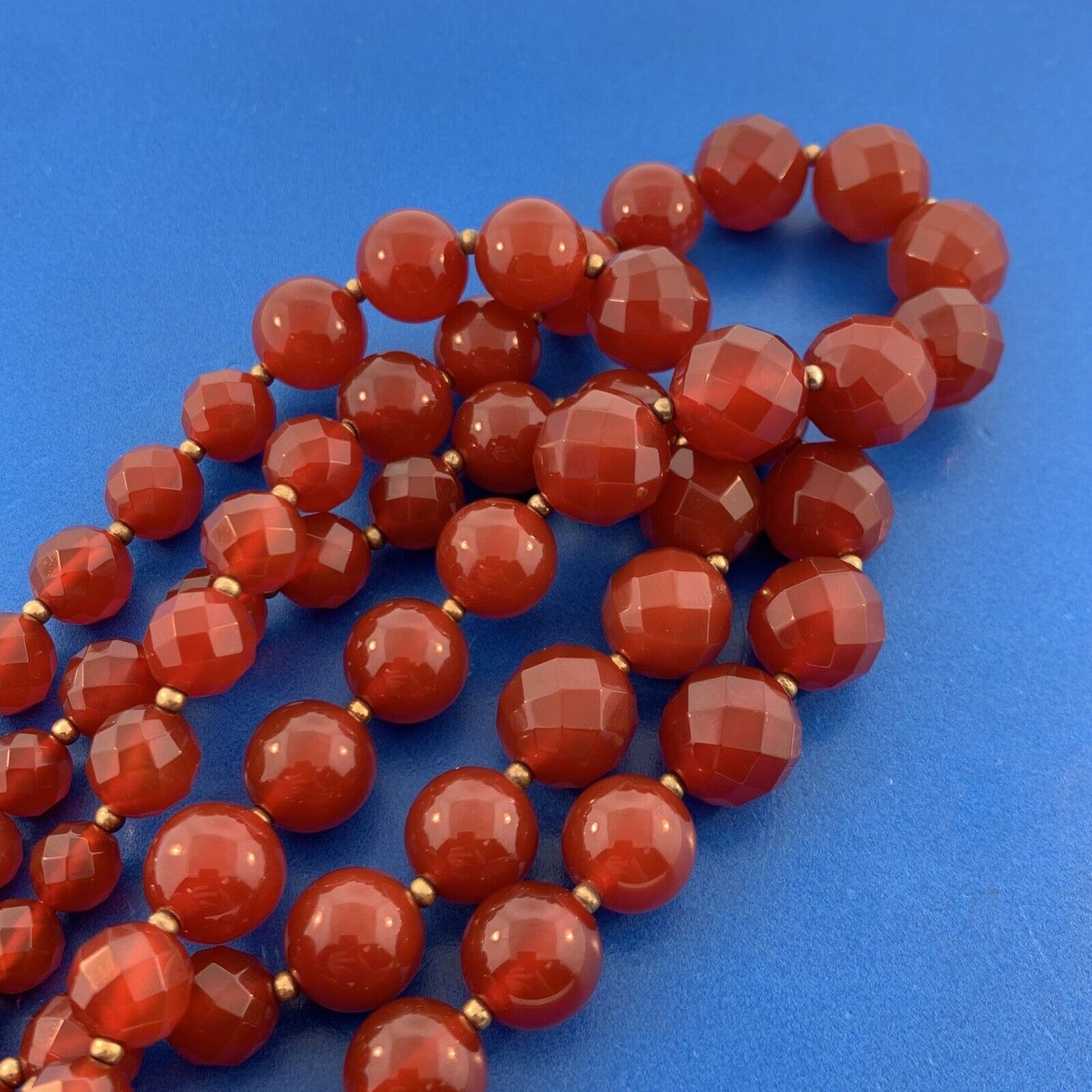 Designer Gold Tone Faceted Polished Carnelian Beads Graduated 3 Strand Necklace