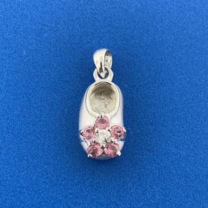 Silver Toned Round Pink White Sparkling CZ Child's Floral Shoe Dangle Pendant