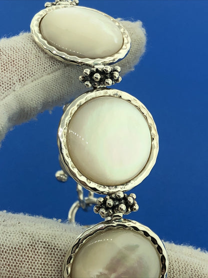 Designer Sterling Silver Mother Of Pearl Disc Panel Statement Toggle Bracelet