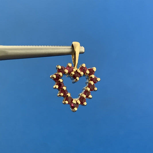 Gorgeous 10k Yellow Gold Round Cut Red Ruby Romantic Open Heart Pendant