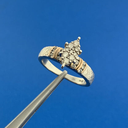 Designer 925 Sterling Silver 10K Gold Diamond Engagement Promise Ring Size 4.25