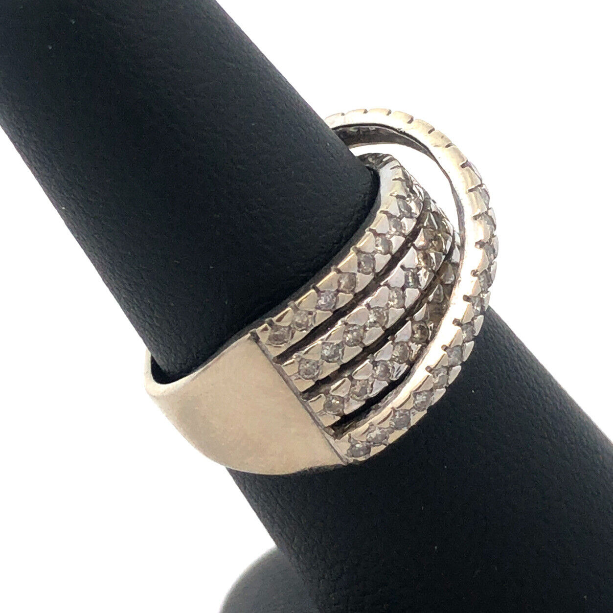 Designer 10K White Gold Diamond Crossover Four Band Anniversary Coctail Ring