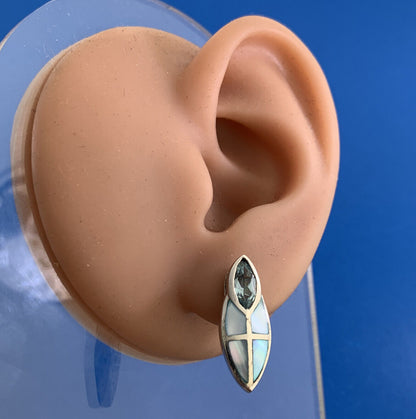 Designer 925 Sterling Silver Blue Topaz Blue Mother of Pearl Inlay Stud Earrings