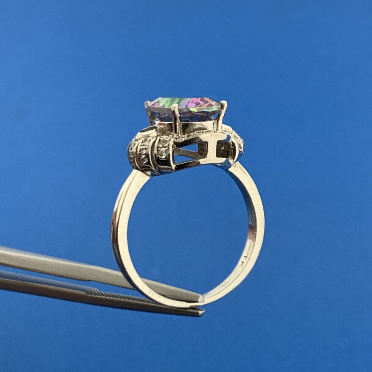 925 Sterling Silver Oval Mystic Topaz Cubic Zirconia CZ Halo Accent Ring