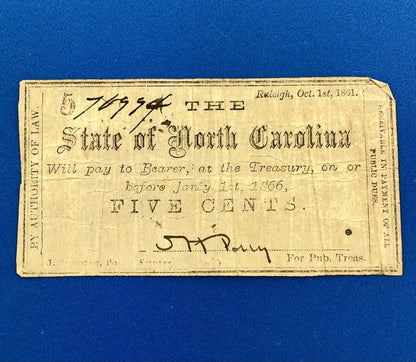 1861 State Of North Carolina 5 Cents 5c Civil War Obsolete State Scrip Note