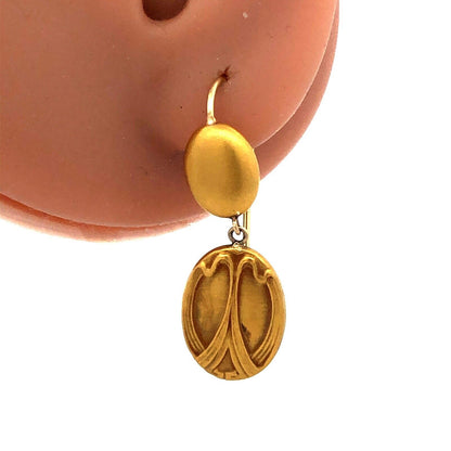 Estate 14K Yellow Gold Burnished Satin Finish Abstract Scarab Dangle Earrings