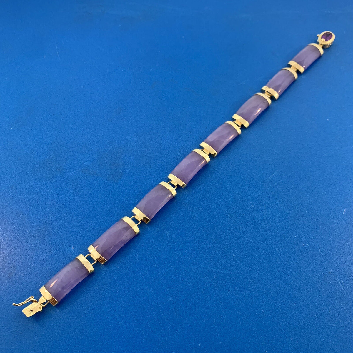 Designer 14K Yellow Gold Lavender Jade Bar Amethyst Statement Tennis Bracelet