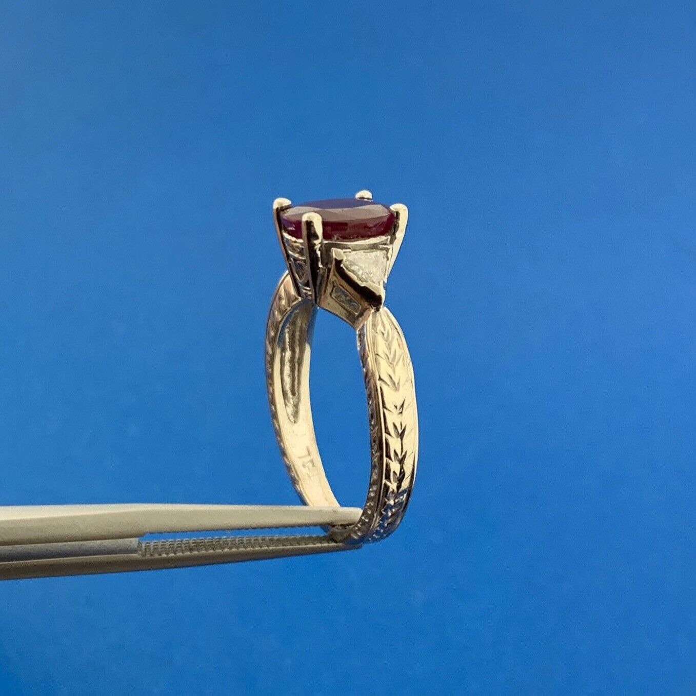 Designer 14K White Gold Oval Ruby Diamond Trillion Accented July Cocktail Ring