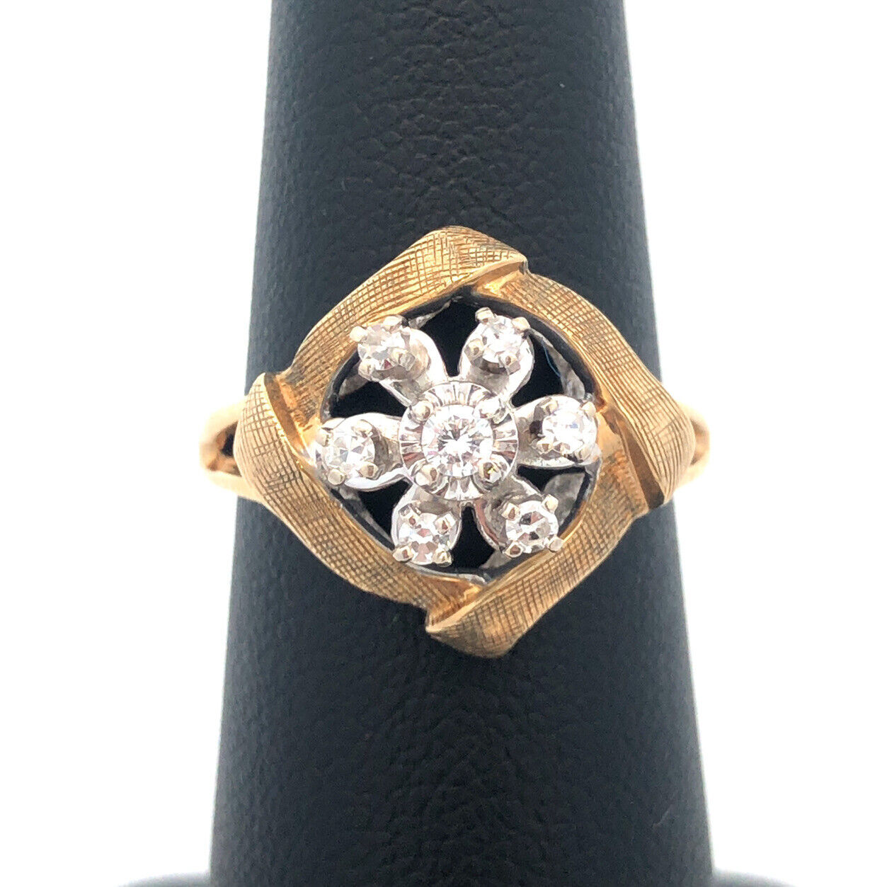 Designer OFA 14k Yellow Gold Round Cut Diamond Cluster Openwork Ring Size 6.25