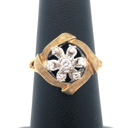 Designer OFA 14k Yellow Gold Round Cut Diamond Cluster Openwork Ring Size 6.25