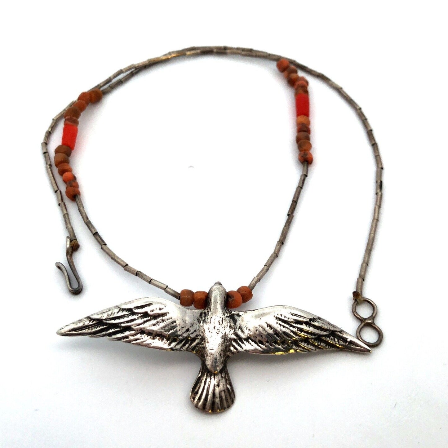 Unsigned Native American Sterling Silver Coral Bead Flying Bird Eagle Necklace