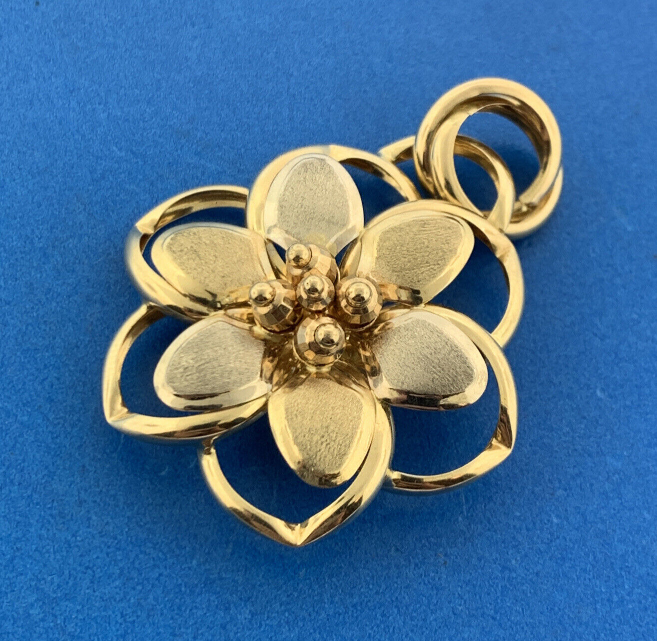 Designer Italy 14K White Yellow Gold Two Toned Brushed Statement Floral Pendant