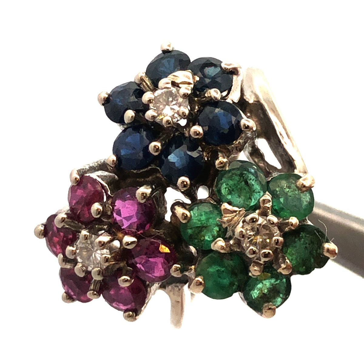 KOL 14K White Gold Round Ruby Sapphire Emerald Topaz Floral Cluster Pinky Ring