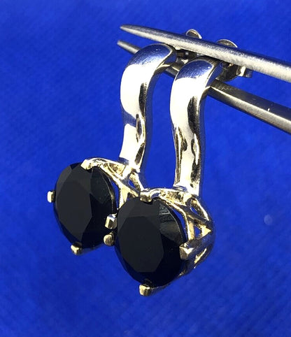 Designer RCJ 925 Sterling Silver Round Black Onyx Drop Stud Earrings