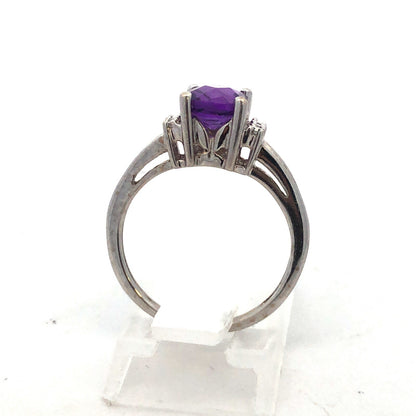 14K White Gold Cushion Cut Amethyst Diamond February Birthstone Anniversary Ring