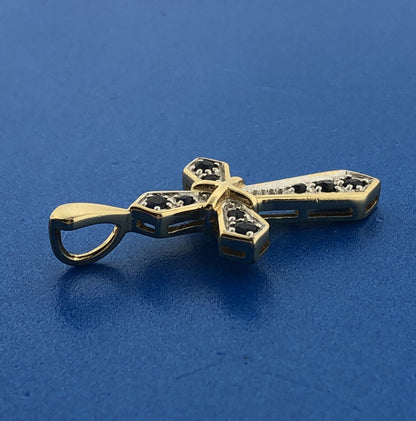 Designer JJT Vermeil Sterling Silver 925 Round Cut Sapphire Cross Faith Pendant