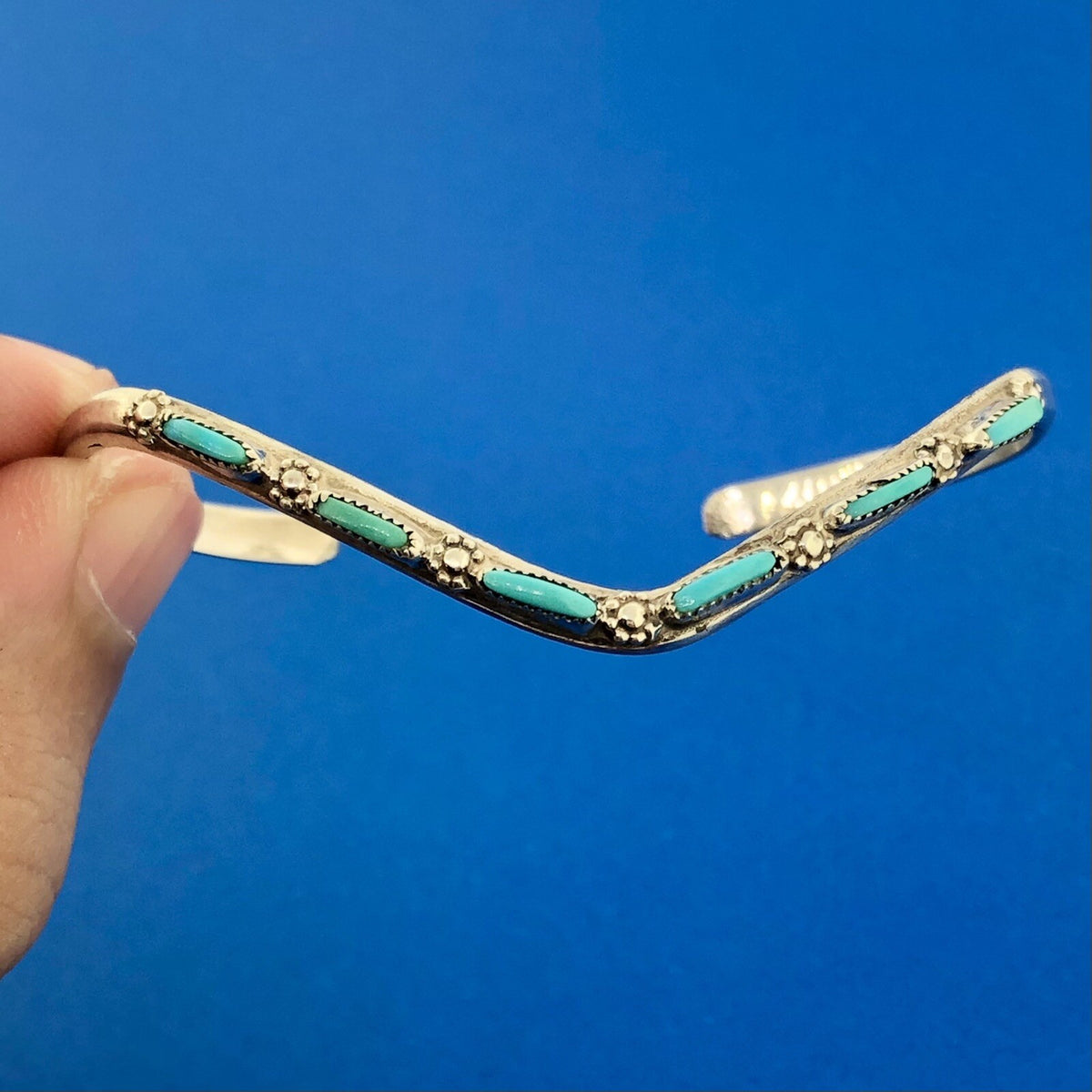 Native American Signed 925 Sterling Silver Turquoise Floral Dainty Cuff Bracelet