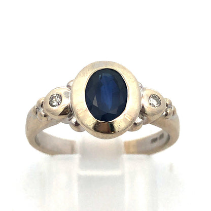14K White Gold Oval Sapphire Solitaire Diamond Accent Modernist Anniversary Ring