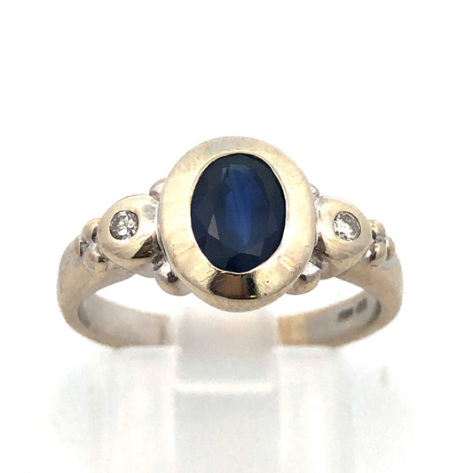 14K White Gold Oval Sapphire Solitaire Diamond Accent Modernist Anniversary Ring