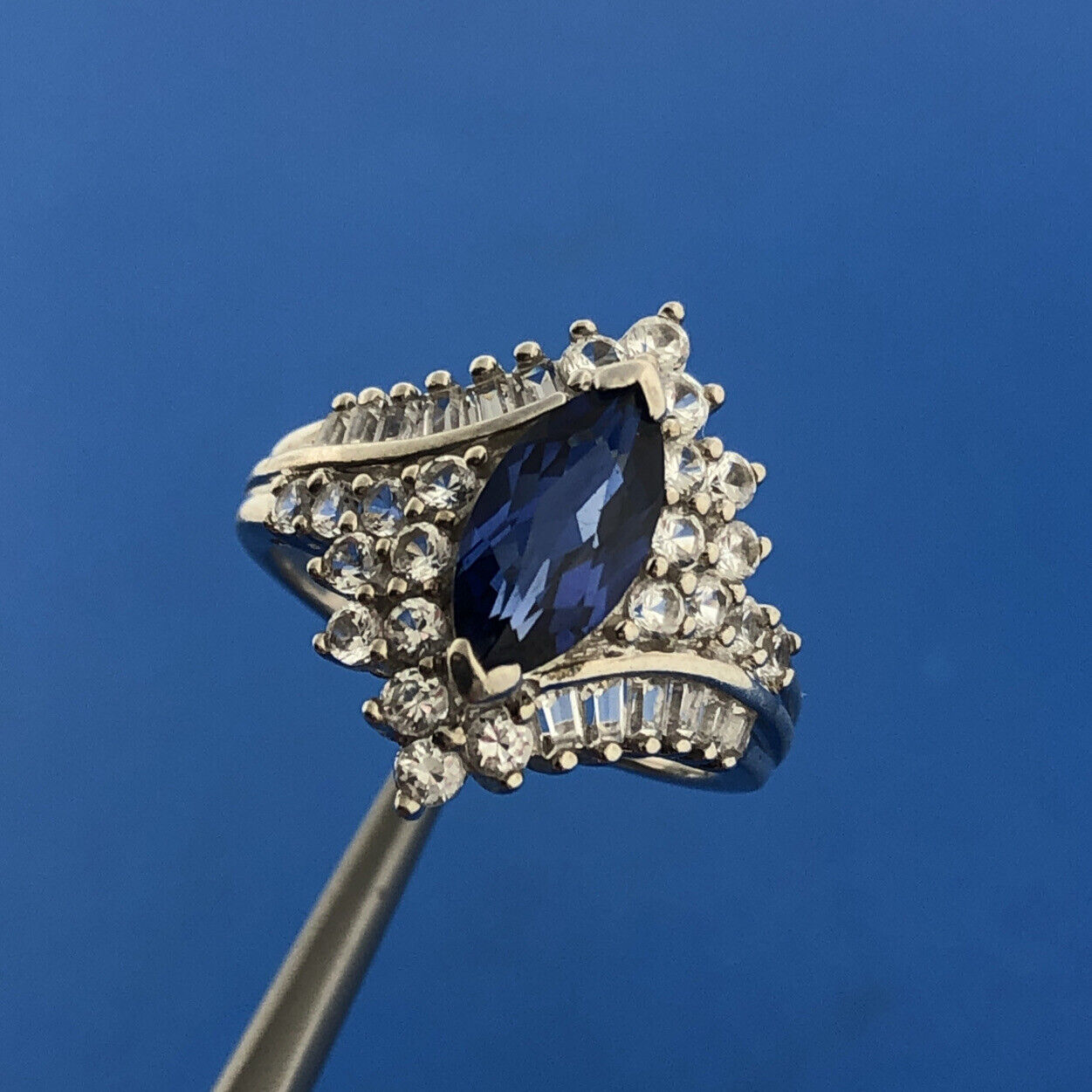 925 Sterling Silver Blue Spinel White Topaz Statement Anniversary Ring