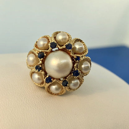 Vintage 14K Yellow Gold Pearl Sapphire Princess Style Cocktail Ring