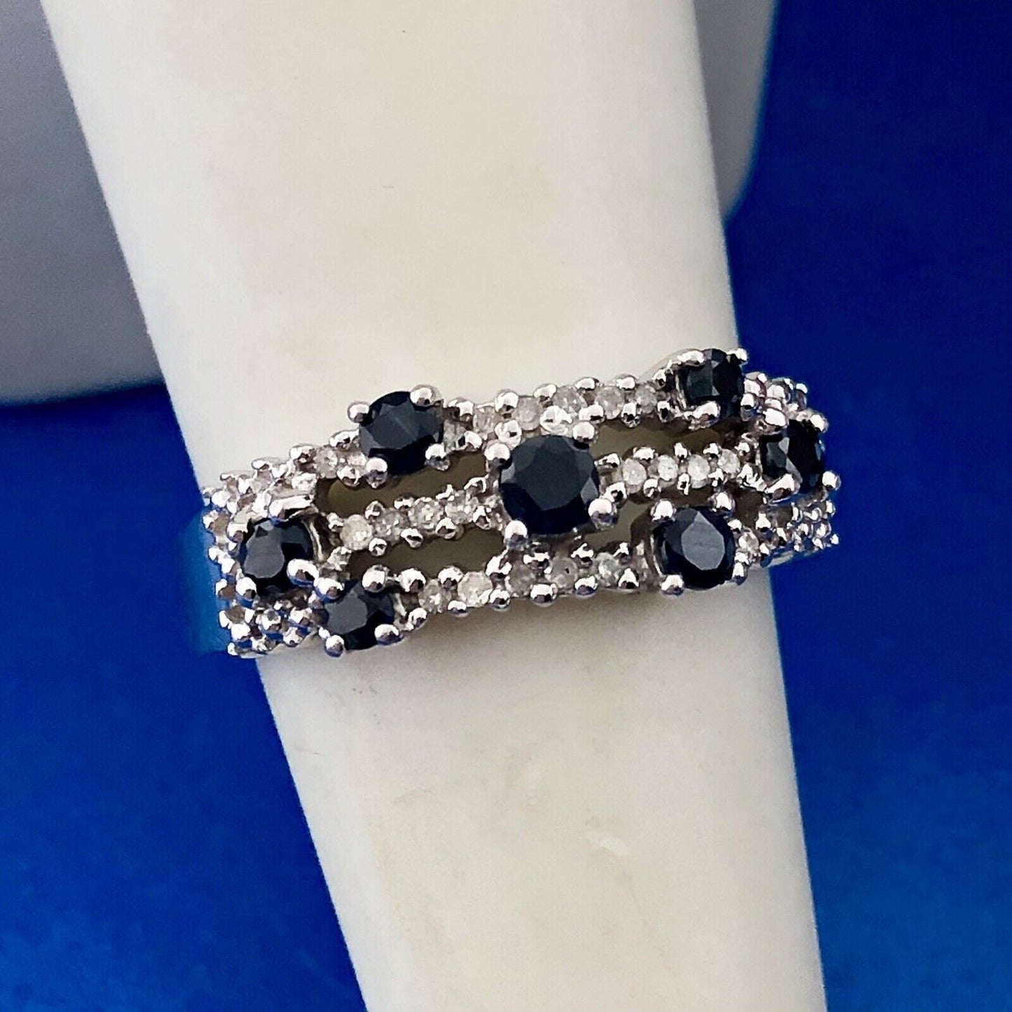 Designer Samuel Aaron THL 10K White Gold Sapphire Diamond Three Row Band Ring