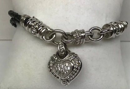 Judith Ripka Sterling Silver 925 Diamonique CZ Heart Charm Leather Bracelet