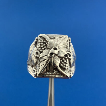 Retro Designer 925 Sterling Silver Grapevine Mens Statement Rectangle Dome Ring