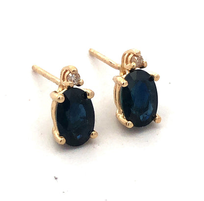 Designer ARJC 14K Yellow Gold Oval Blue Sapphire Diamond Stud Earrings