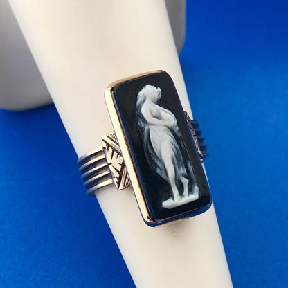 Vintage Estate 14k Yellow Gold Rectangle Onyx Cameo Statement Ring Size 5.75