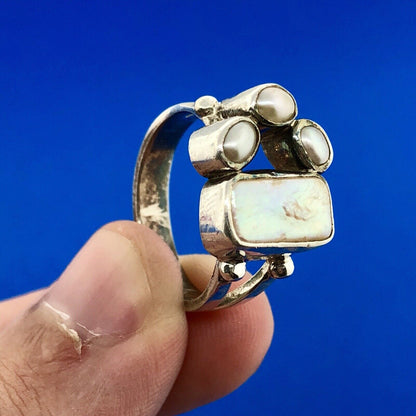 Sterling Silver 925 Freshwater Pearl Mother Of Pearl Cabochon Free Form Ring