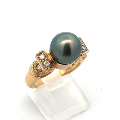 Estate 14K Yellow Gold Black Pearl Diamond Accented Statement Cocktail Ring