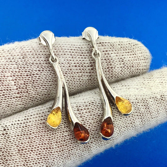 Stunning Sterling Silver 925 Teardrop Red Yellow Amber Dripping Dangle Earrings