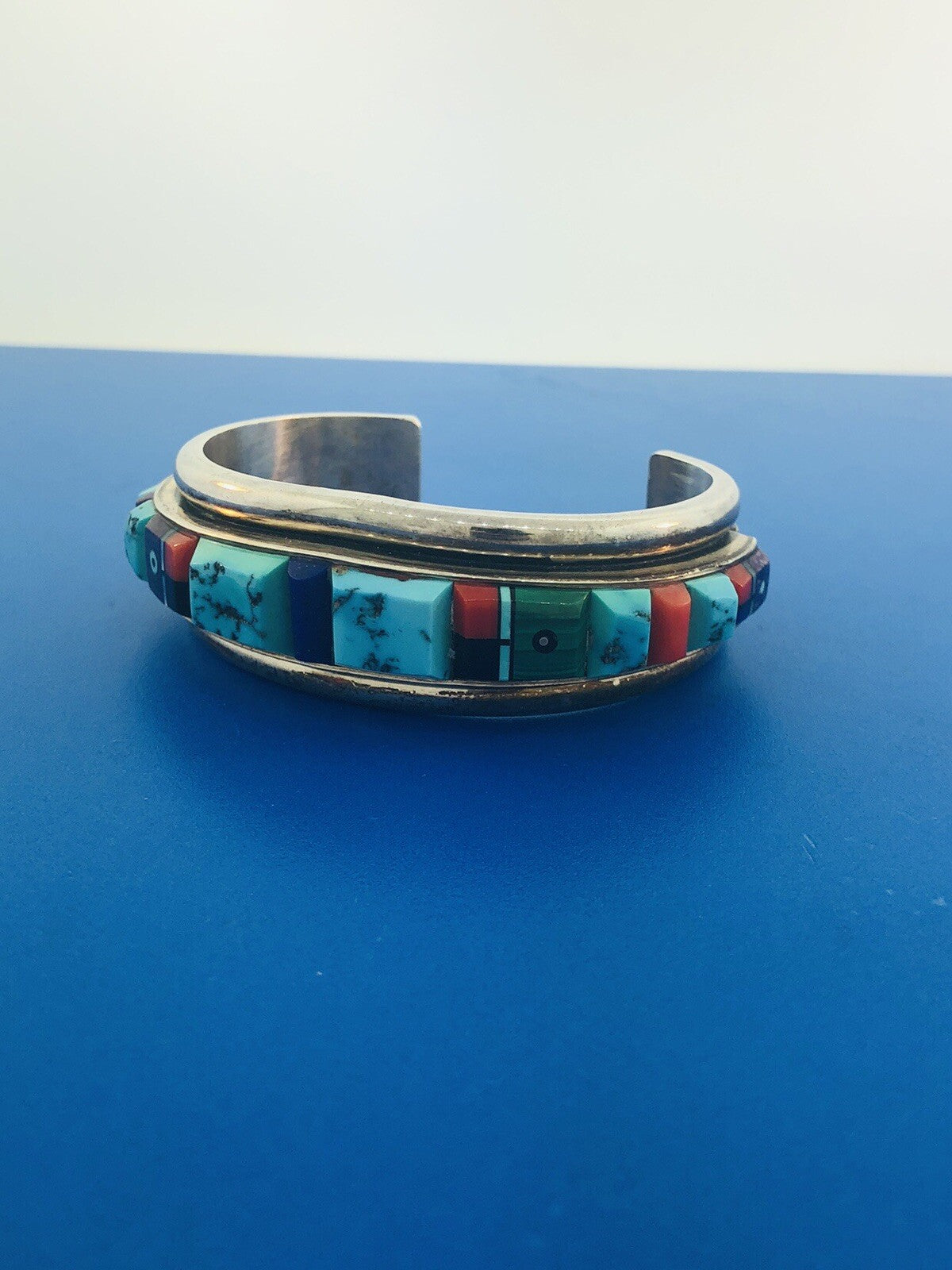 Native American 925 Sterling Silver Turquoise Multi Gem Cuff Bracelet Ronnie