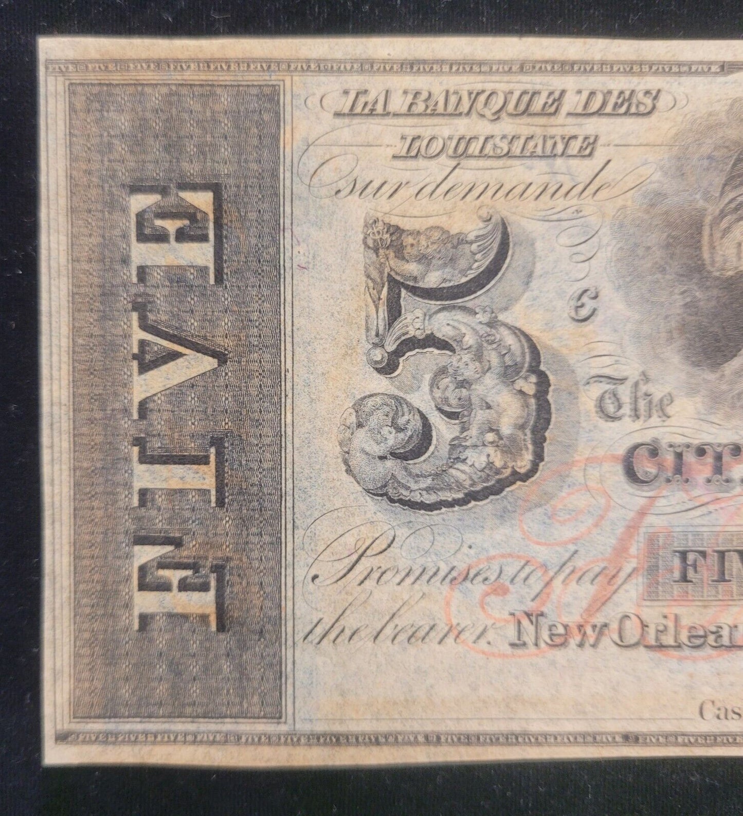 1800s $5 Citizens' Bank of Louisiana, New Orleans Obsolete Currency Bank Note