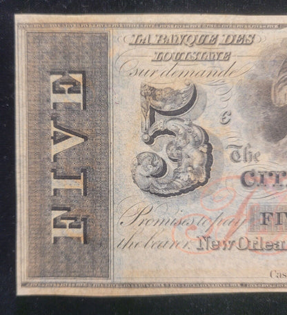 1800s $5 Citizens' Bank of Louisiana, New Orleans Obsolete Currency Bank Note