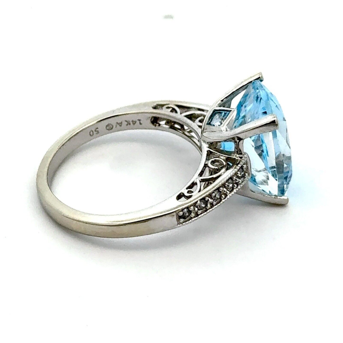 Designer 14K White Gold Radiant Cushion Cut Blue Topaz Diamond Accented Ring