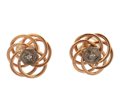 Designer 14K Yellow Gold Diamond Spiral Modernist Floral Statement Stud Earrings