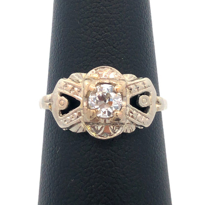Art Deco 14K White Gold Diamond European Mine Cut Engagement Bridal Ring
