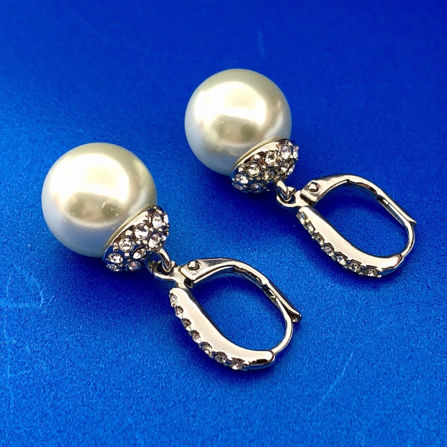Elegant Silver Tone Faux Pearl Cubic Zirconia Drop Dangle Ball Earrings