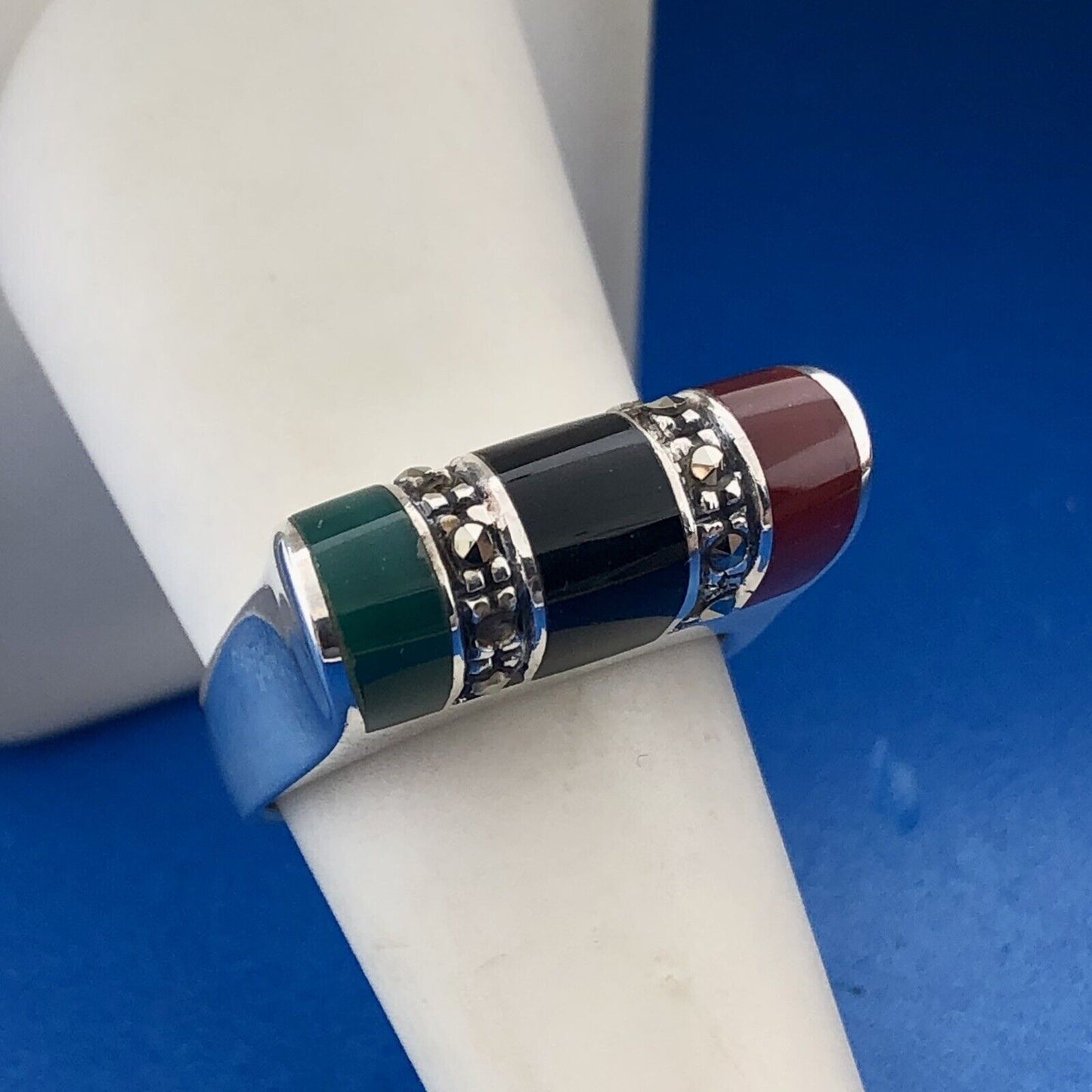 Retro Designer ND 925 Sterling Silver Green Black Onyx Carnelian Marcasite Ring