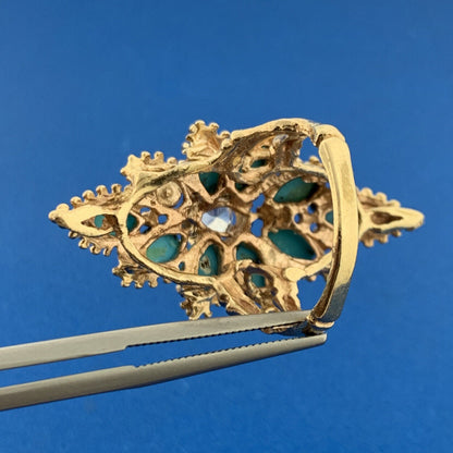 14K Yellow Gold Turquoise White Quartz Cluster Free Form Statement Cocktail Ring