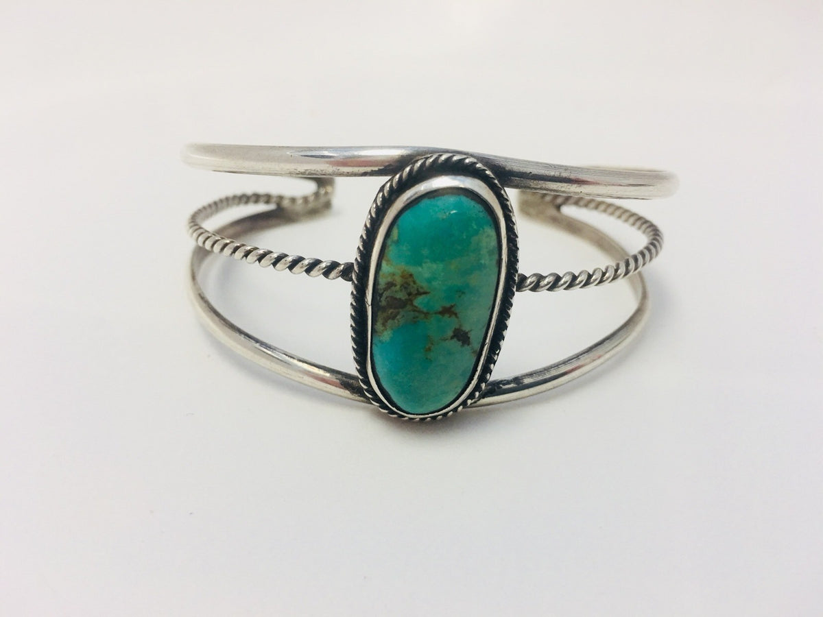 Native American Sterling Silver Oval Green Royston Turquoise Split Cuff Bracelet