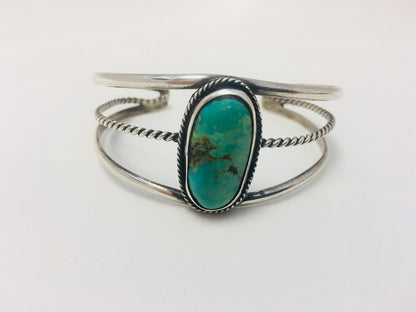 Native American Sterling Silver Oval Green Royston Turquoise Split Cuff Bracelet