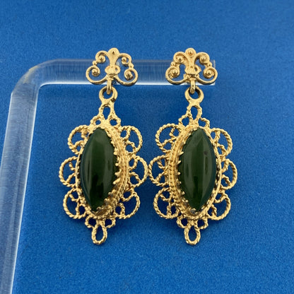 Vintage 14K Yellow Gold Marquis Jade Cabochon Filigree Dangle Drop Earrings