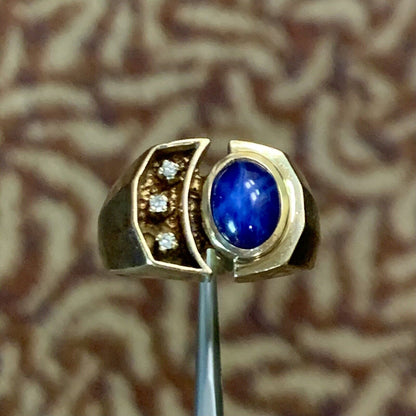 10K Yellow Gold Oval Blue Star Sapphire Diamond Accented Unisex Evil Eye Ring