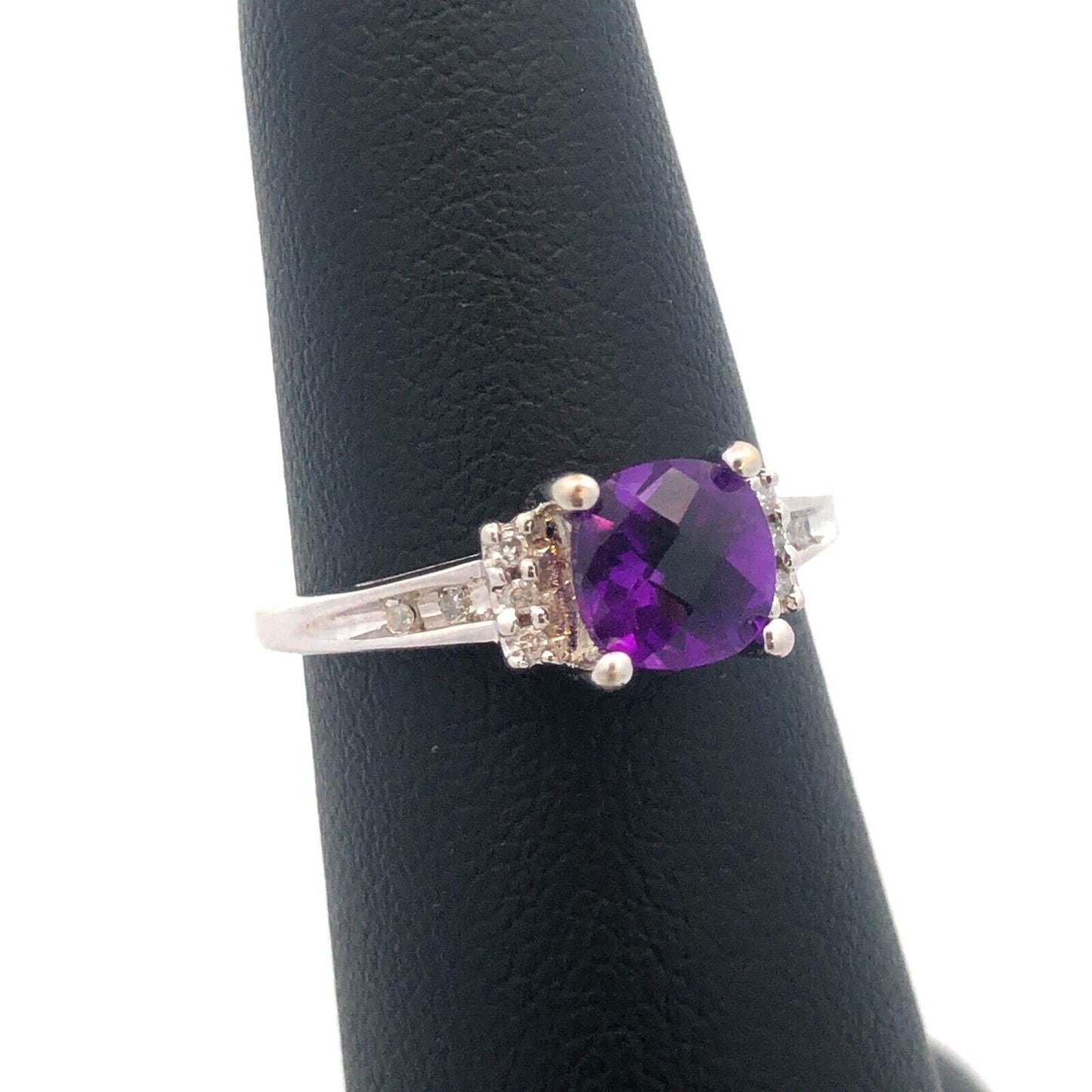 14K White Gold Cushion Cut Amethyst Diamond February Birthstone Anniversary Ring